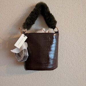 NWT Small Dressy Everyday Anthropologie Croc Embossed Bucket Bag Faux Fur Handle